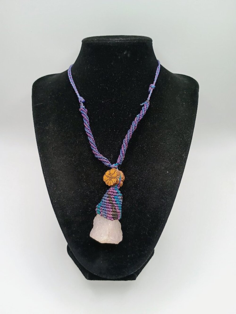 Natural Rose Quartz Necklace, Ayahuasca Flower Macrame Spiritual Amulet